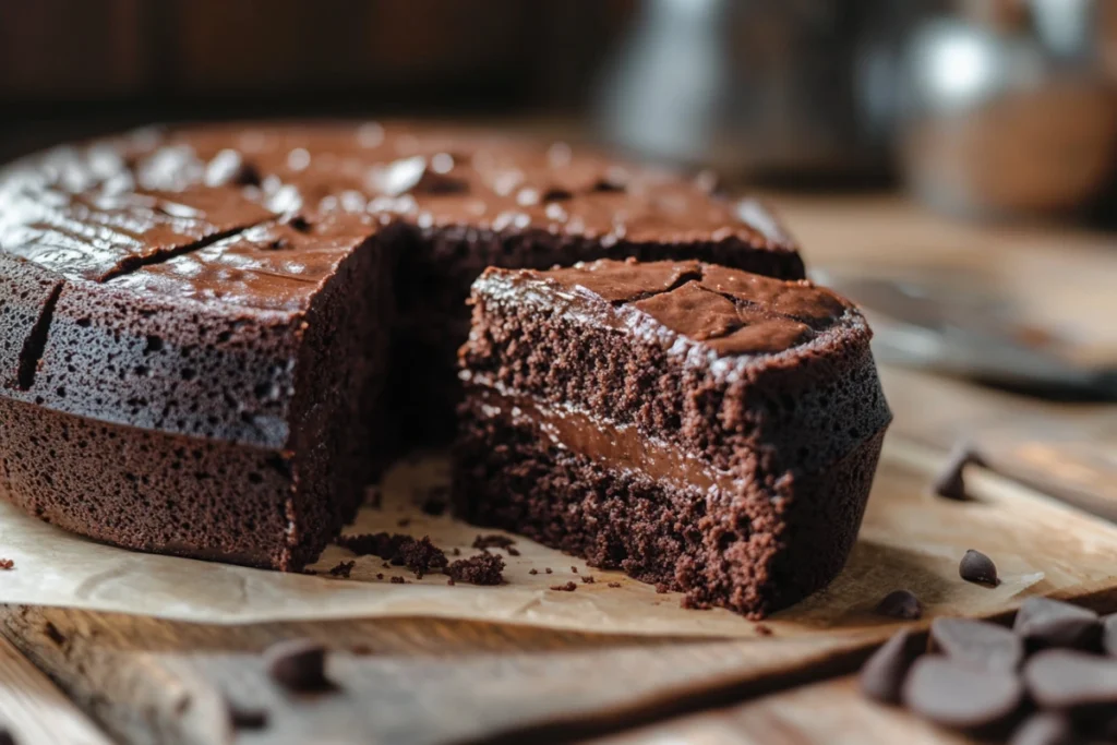 3-ingredient protein chocolate cake sliced to show fudgy center