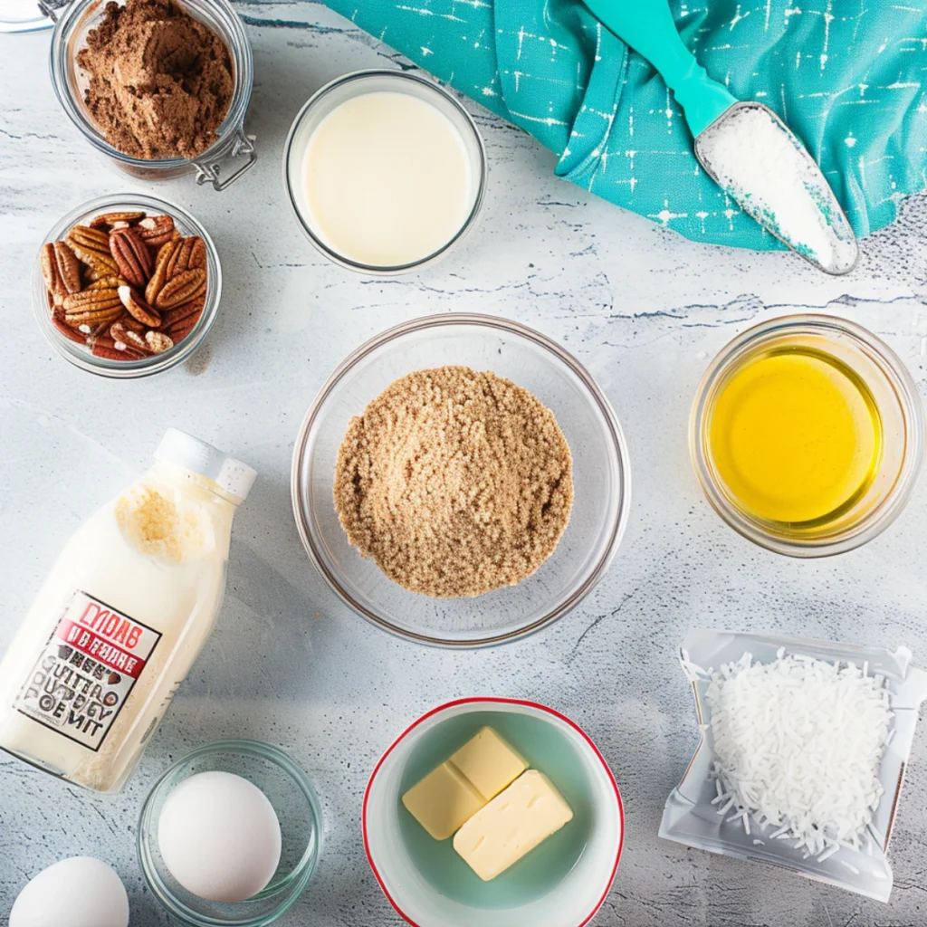 Overhead view of ingredients for German chocolate poke cake, including eggs, brown sugar, shredded coconut, pecans, sweetened condensed milk, melted butter, oil, water, and chocolate cake mix