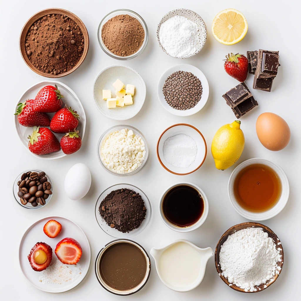 Flat lay of ingredients for chocolate cake with chocolate strawberries, including flour, cocoa powder, sugar, strawberries, eggs, and sour cream.