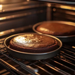 Even chocolate cake layers baking flat in the oven for chocolate cake with cream cheese frosting