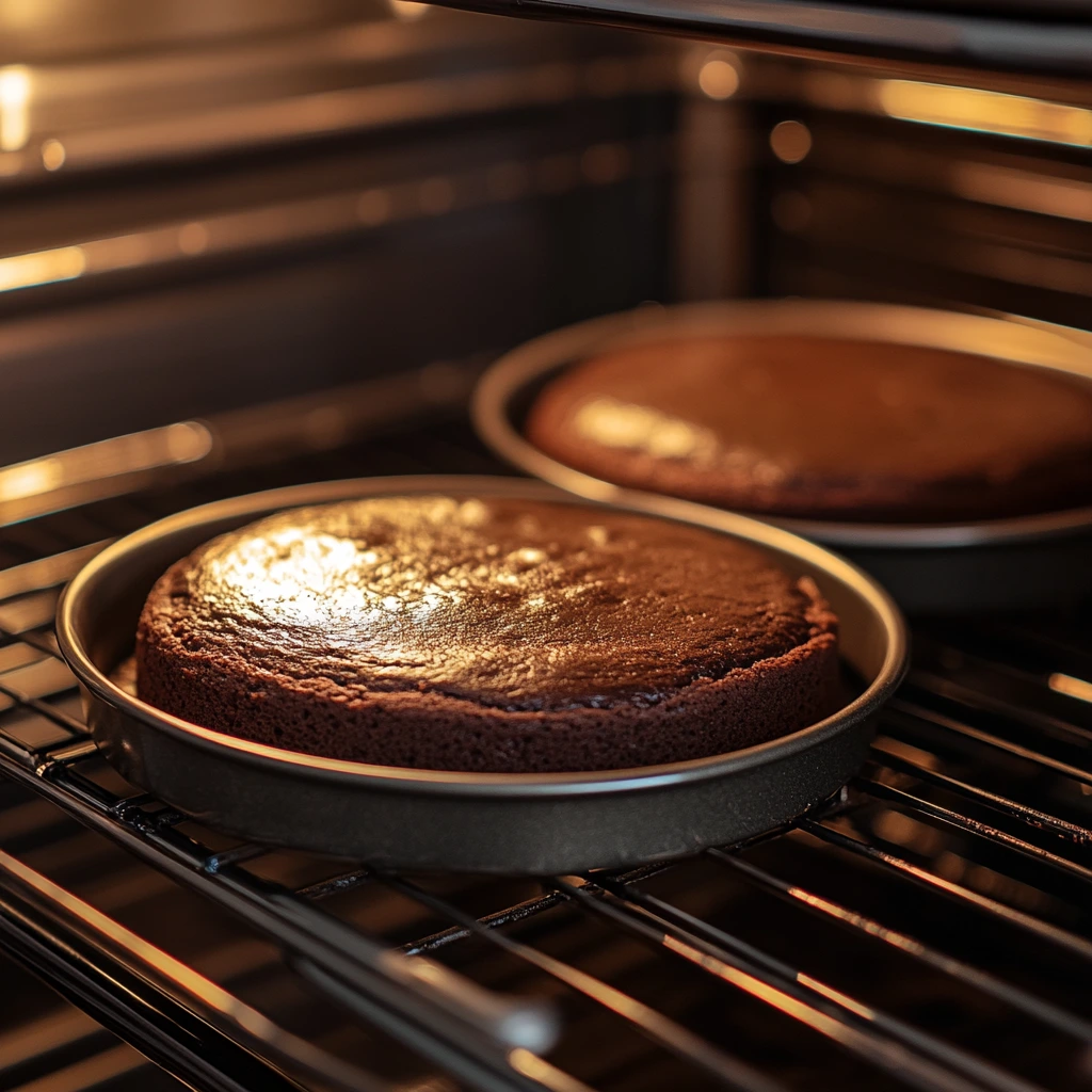 Even chocolate cake layers baking flat in the oven for chocolate cake with cream cheese frosting
