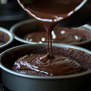 Sour cream chocolate cake batter in baking pans