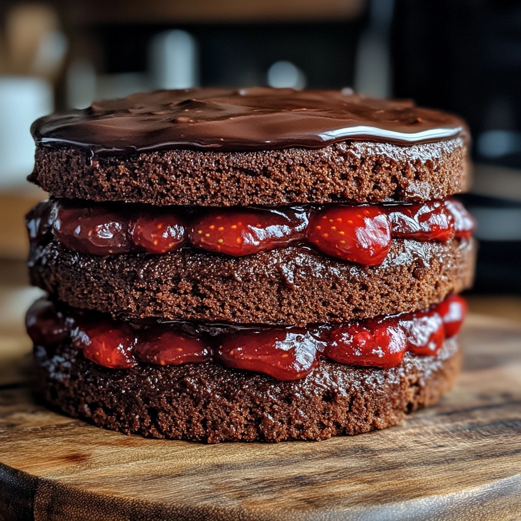 layering chocolate cake with strawberry filling