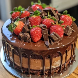 chocolate cake with chocolate strawberries topped with ganache