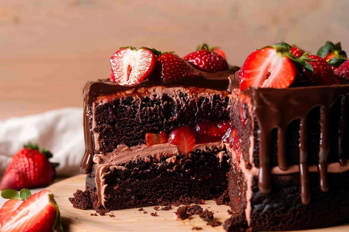 chocolate cake with chocolate strawberries topped with ganache