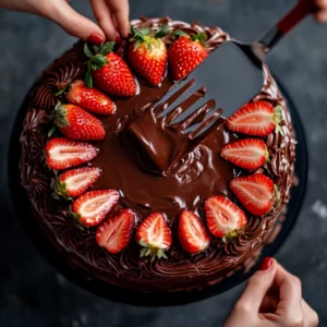 decorating chocolate cake with chocolate strawberries and ganache