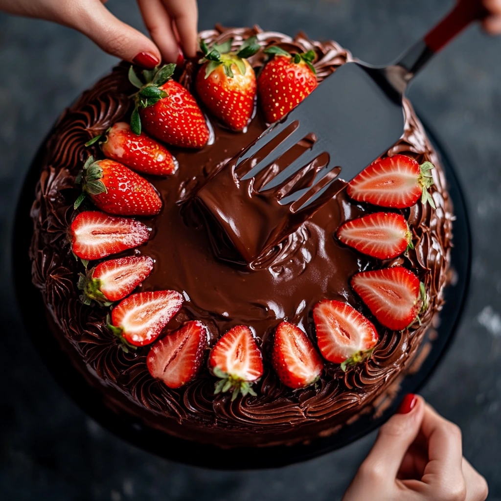 decorating chocolate cake with chocolate strawberries and ganache