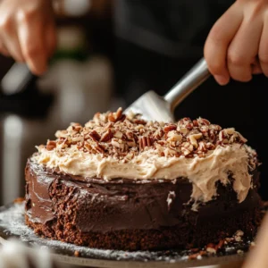 spreading coconut pecan frosting on german chocolate poke cake