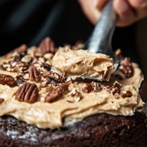 spreading coconut pecan frosting on german chocolate poke cake