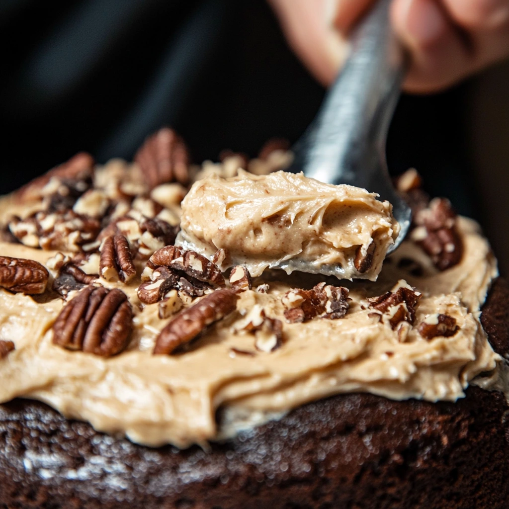 spreading coconut pecan frosting on german chocolate poke cake