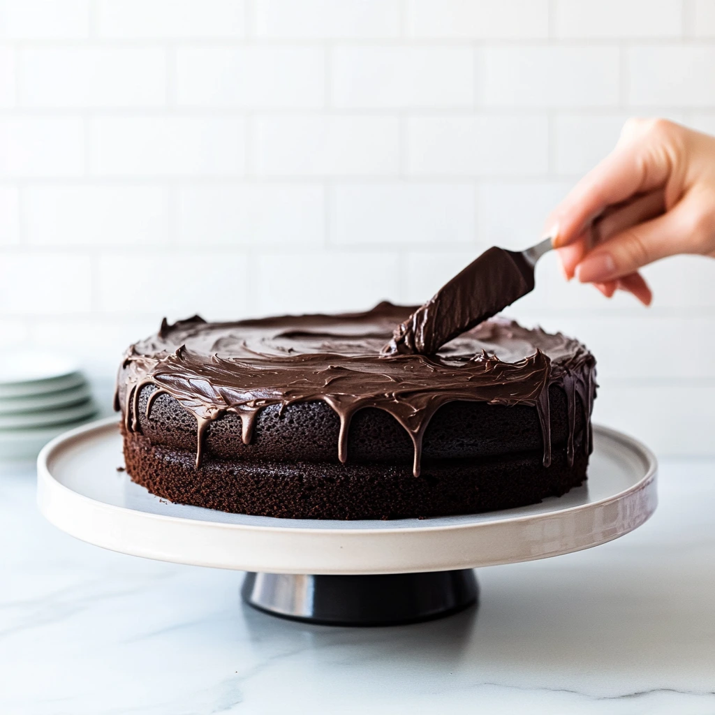 Frosting sour cream chocolate cake with ganache