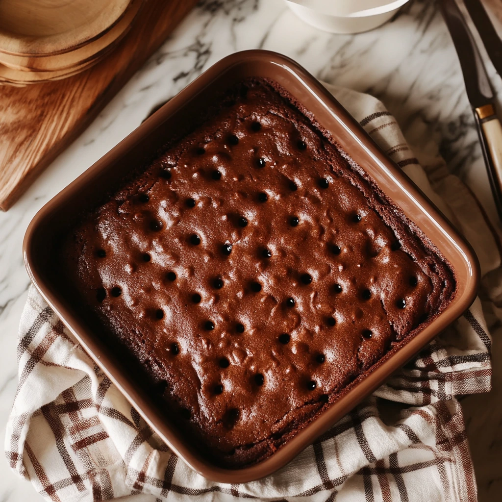 German chocolate poke cake freshly poked