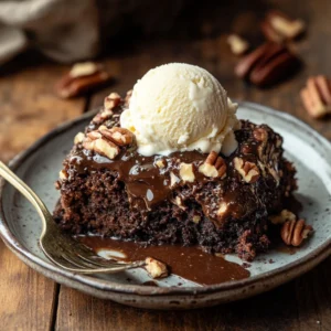 serving german chocolate poke cake with ice cream
