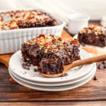 German chocolate poke cake recipe card with ingredients and instructions