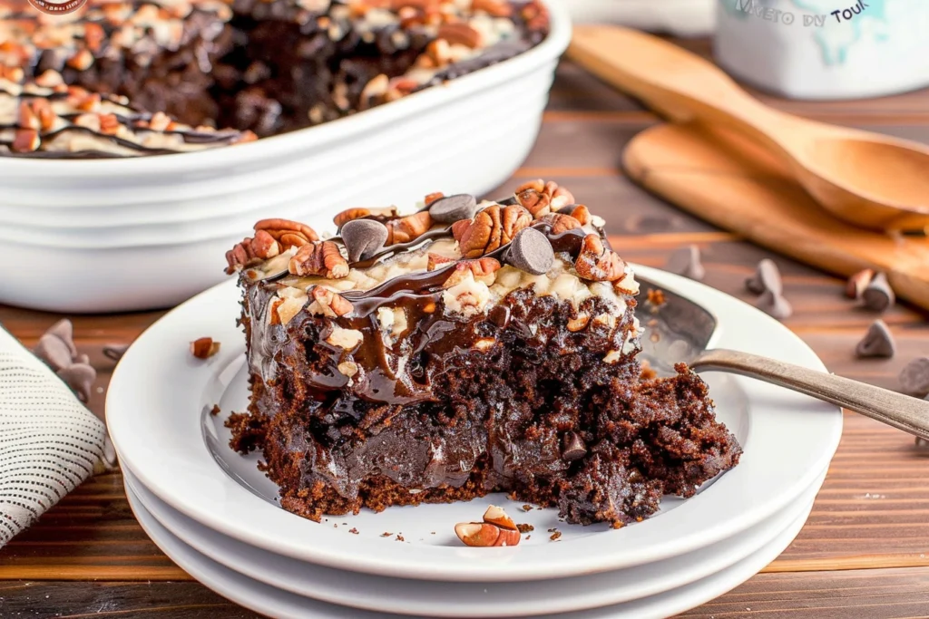 german chocolate poke cake slice close-up