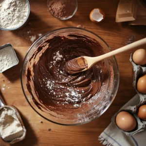 Preparing chocolate cake batter for chocolate cake with cream cheese frosting