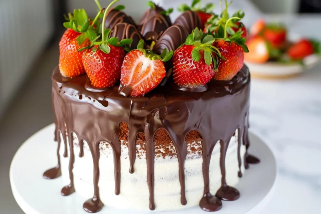 cake with chocolate-covered strawberries