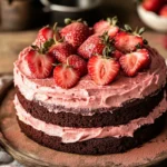 Single-layer chocolate strawberry cake topped with fresh strawberries and pink buttercream on a rustic wooden table