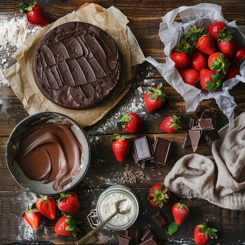 Flat lay of fresh strawberries, chopped chocolate, coconut oil, and a chocolate cake on a wooden table